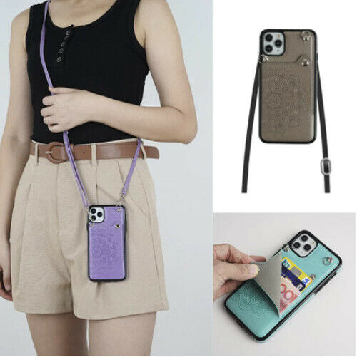 For iPhone 12 11 Pro Max XS XR X 7 8+ Crossbody Strap Leather Wallet Case Cover