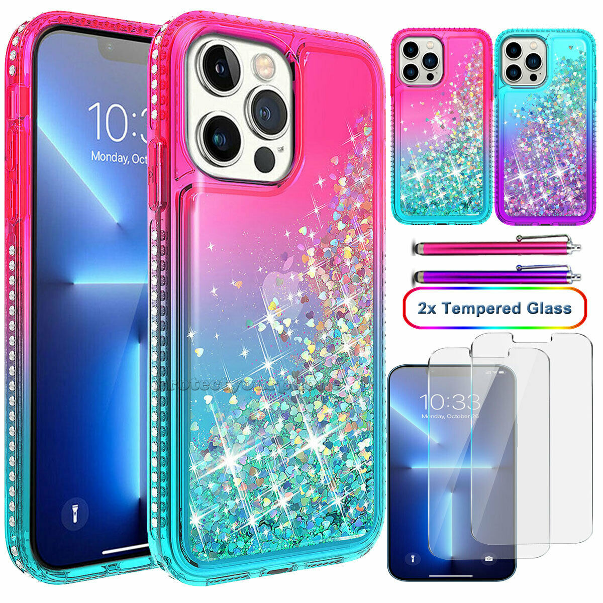 For Apple iPhone 13 Mini Pro Max Case Liquid Glitter Bling Cover +Tempered Glass