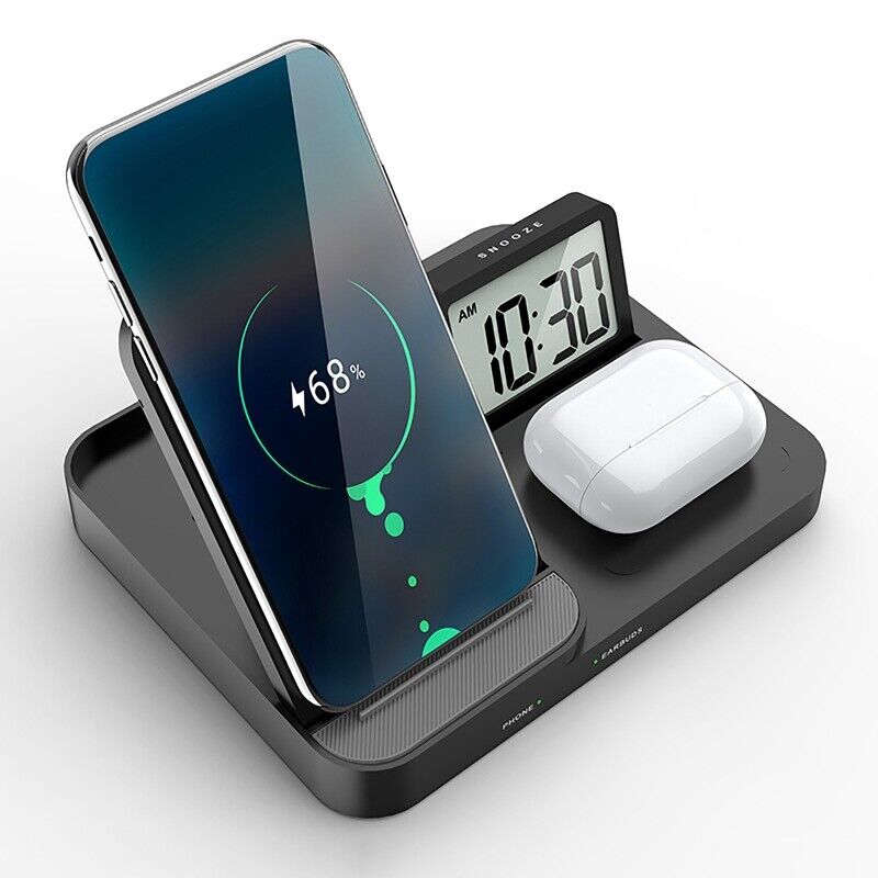 3 in 1 Wireless Charging Dock USB Powered Snooze Function Alarm Clock Charging